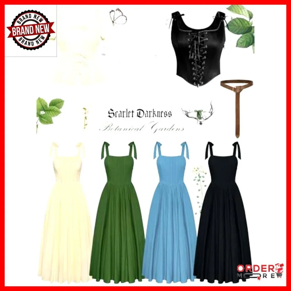 Renaissance Corset Dress Cottagecore Sundress Square Neck Flared A-Line - Picture 6 of 7